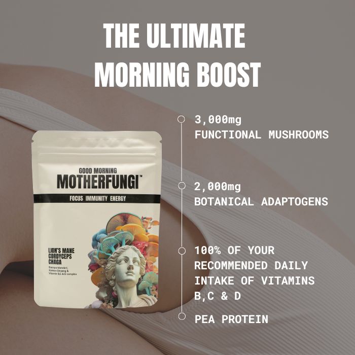 GOOD MORNING MOTHERFUNGI® per serving dosage — 1,000mg Lion’s Mane, Chaga, Cordyceps, Korean Ginseng, Bacopa Monnieri