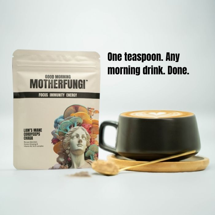GOOD MORNING MOTHERFUNGI® pouch with sculptural prop — lifestyle