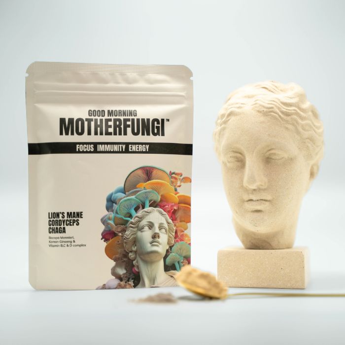 GOOD MORNING MOTHERFUNGI® with branded shaker and coffee — multiple usage occasions