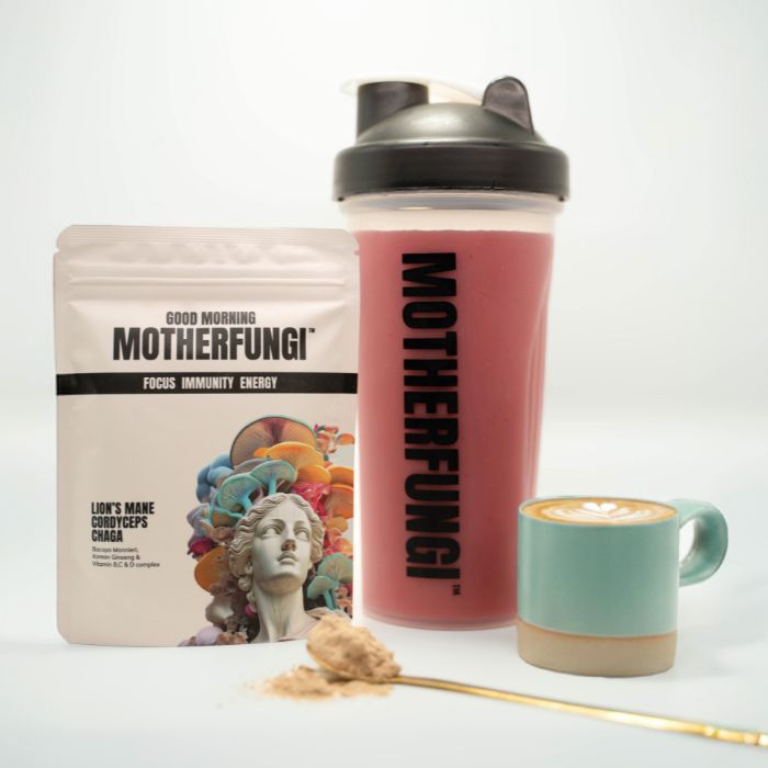 GOOD MORNING MOTHERFUNGI® pouch with berry smoothie — add to any morning drink
